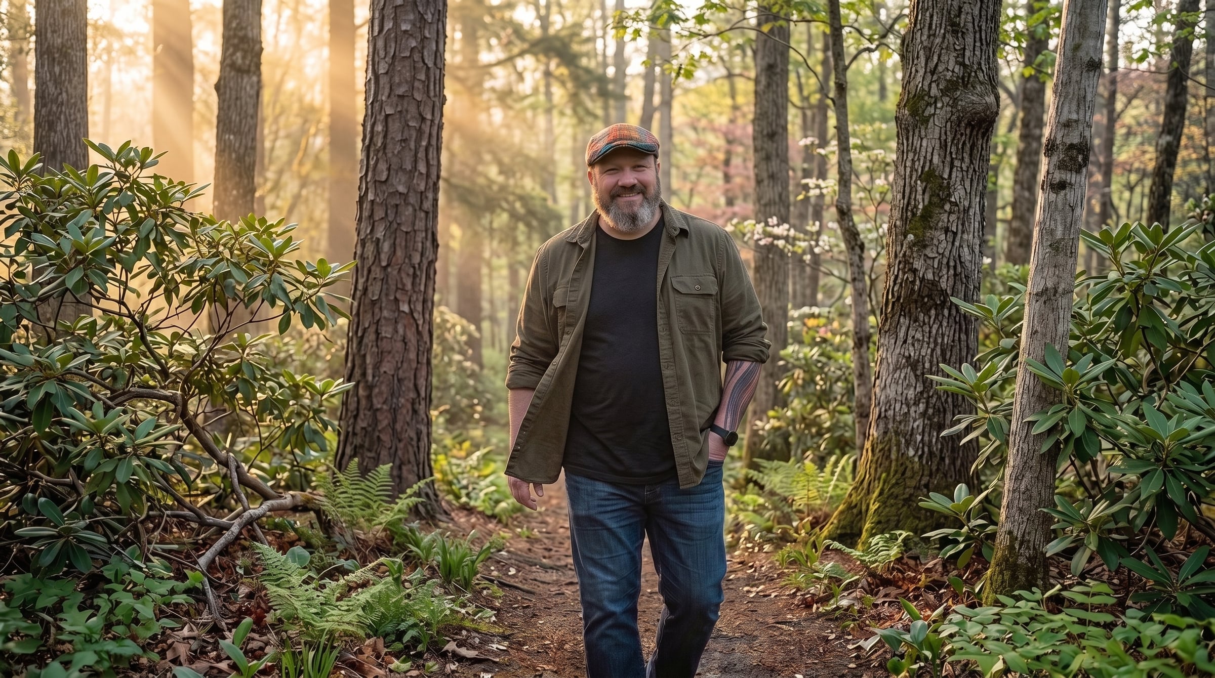 Joseph Sorensen walking a wooded path